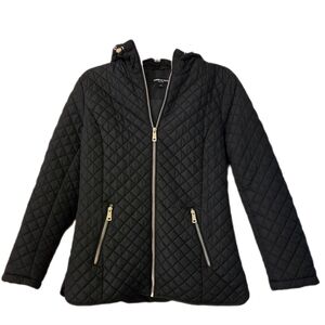 Kenneth Cole New York Black Puffer Coat Zip Hood Quiet Luxury Chic Size Small